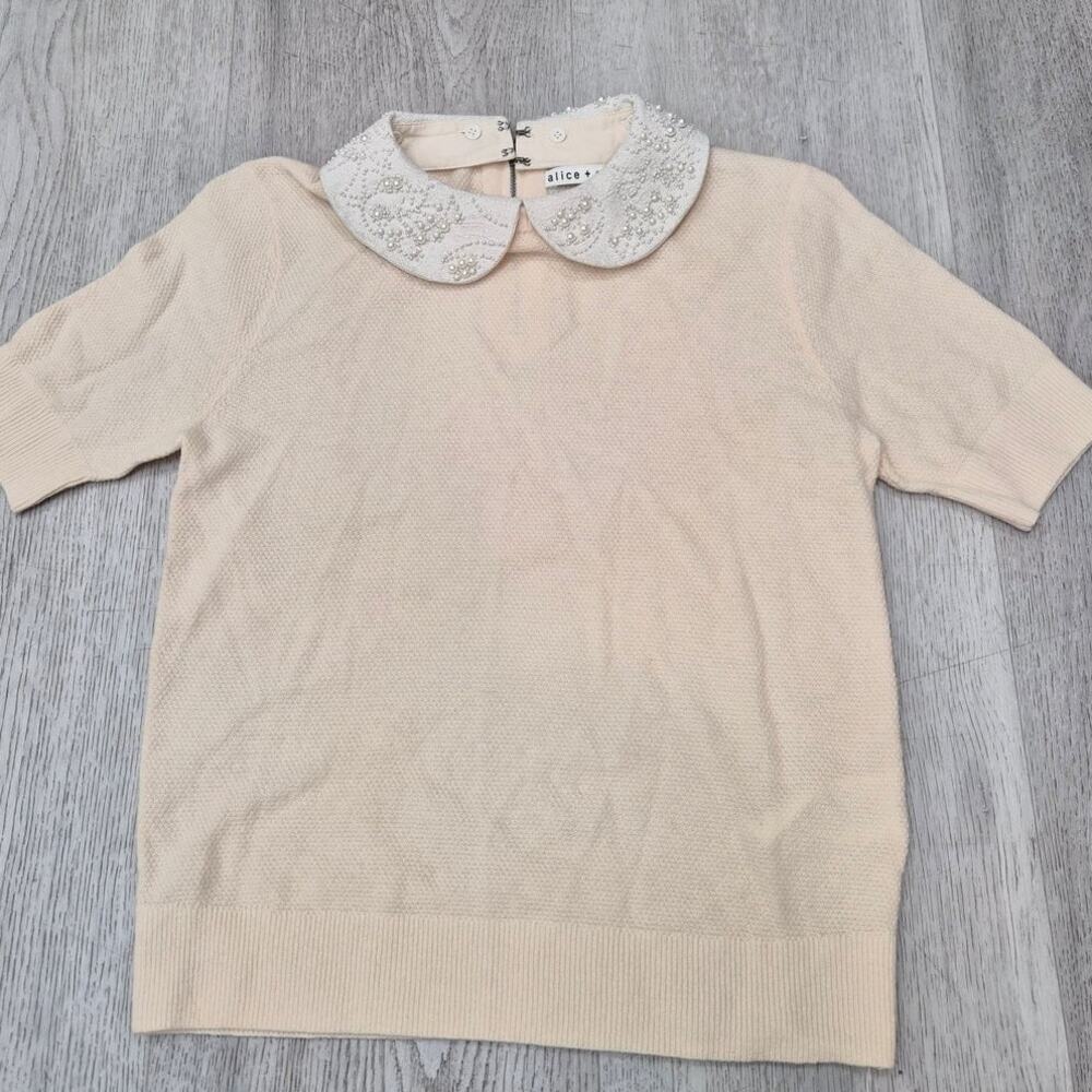 Alice and Olivia Cream Peter Pan Beaded Collar Top Size Small